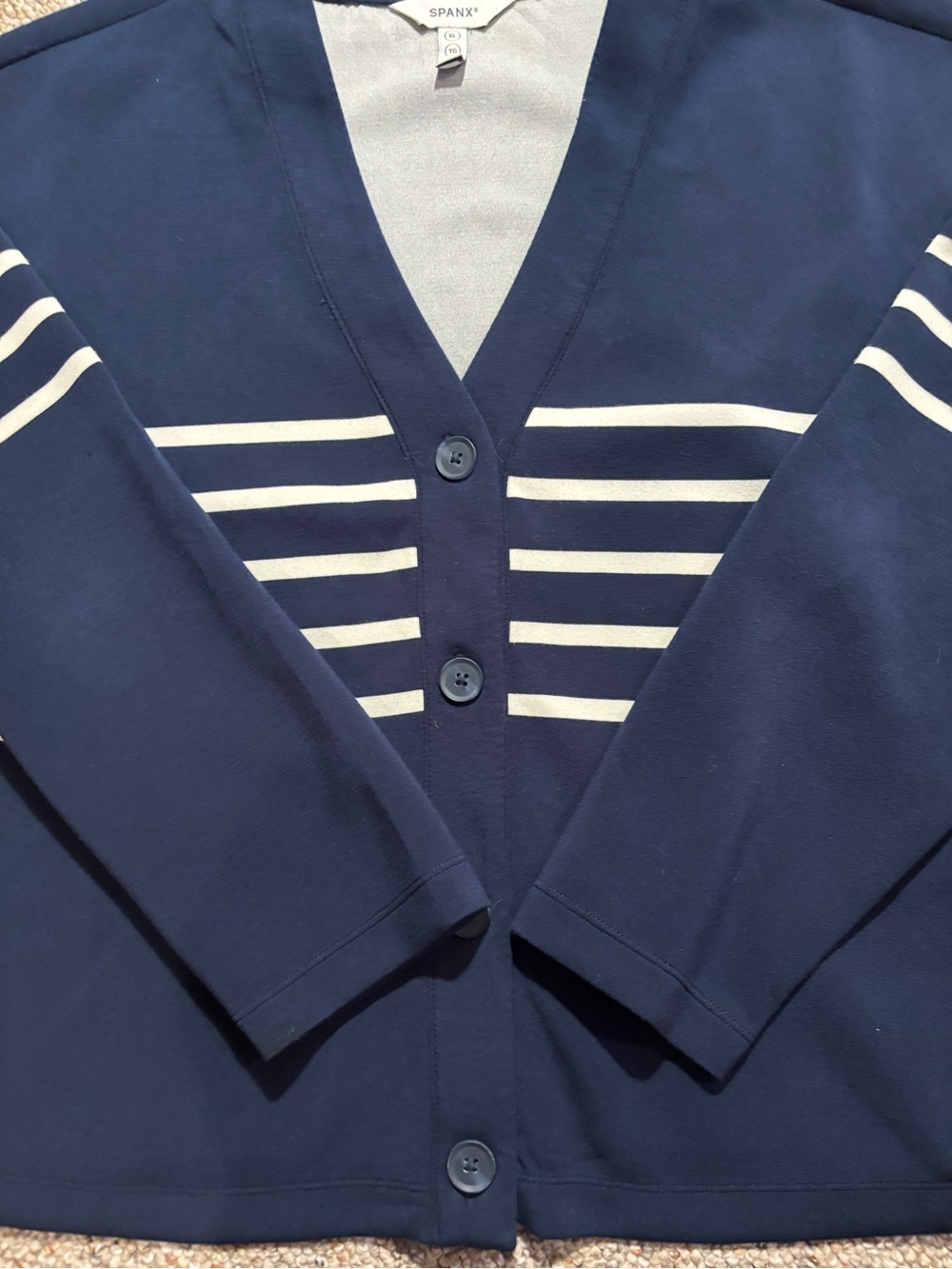 Spanx Navy Stripe V-Neck Button Cardigan Sweater - Picture 6 of 10
